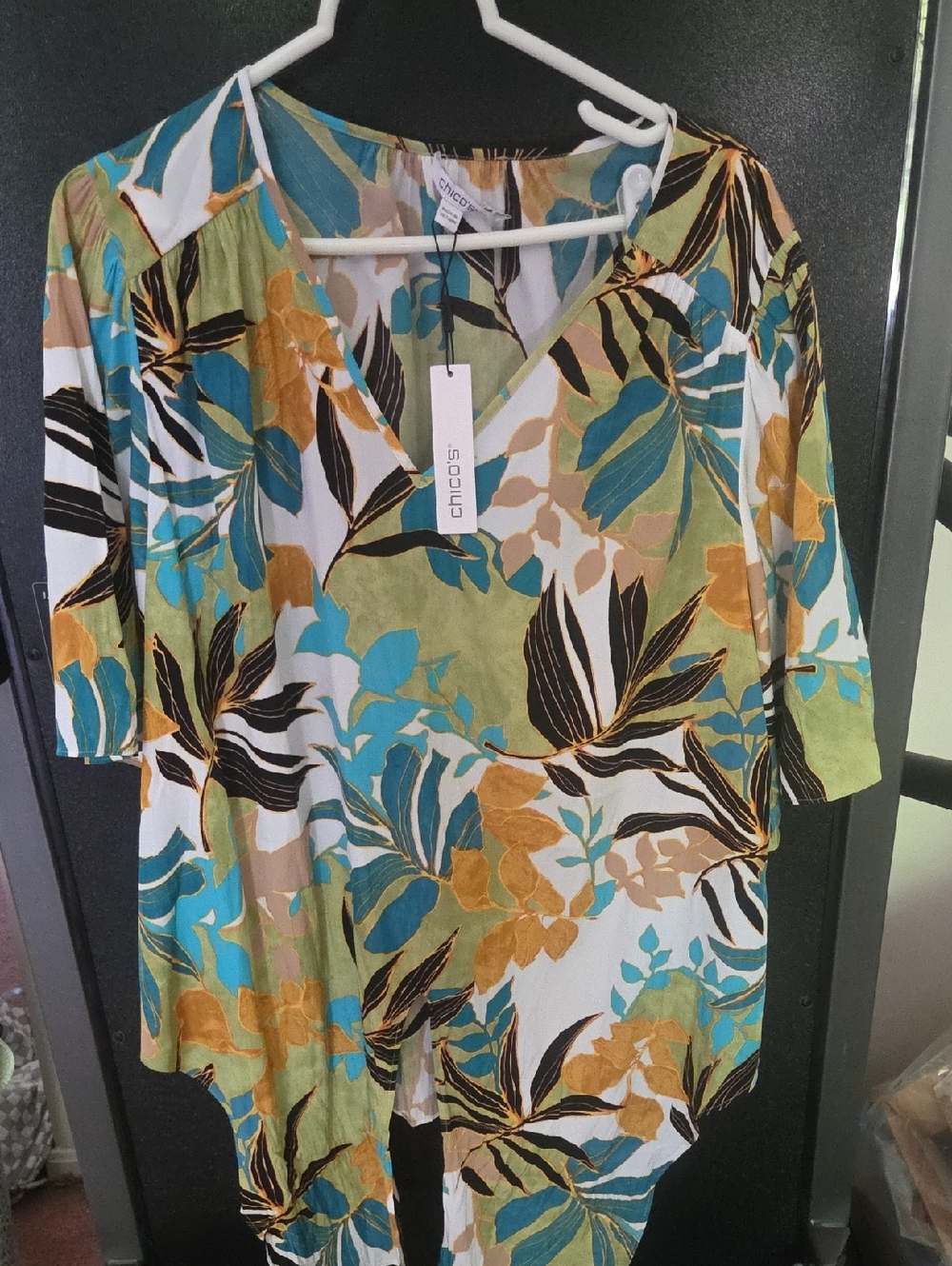 Chico's Teal Green Mustard Multi-Leaf V-Neck Tunic